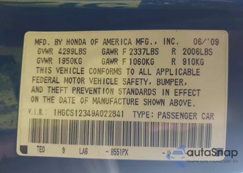 2009 Honda Accord 2.4 Lx-S из США, поврежденный, VIN 1HGCS12349A022841